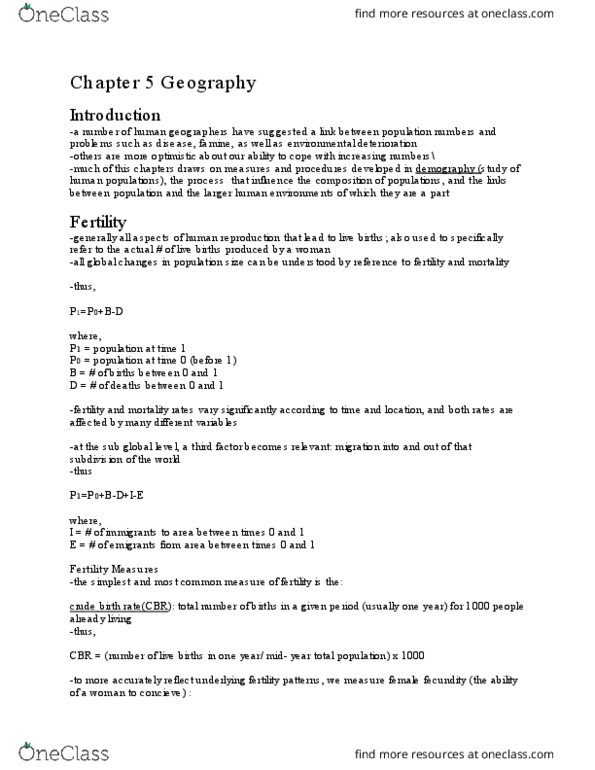 GEOG 1HB3 Chapter Notes - Chapter 5: Total Fertility Rate, Infant Mortality, Doubling Time thumbnail