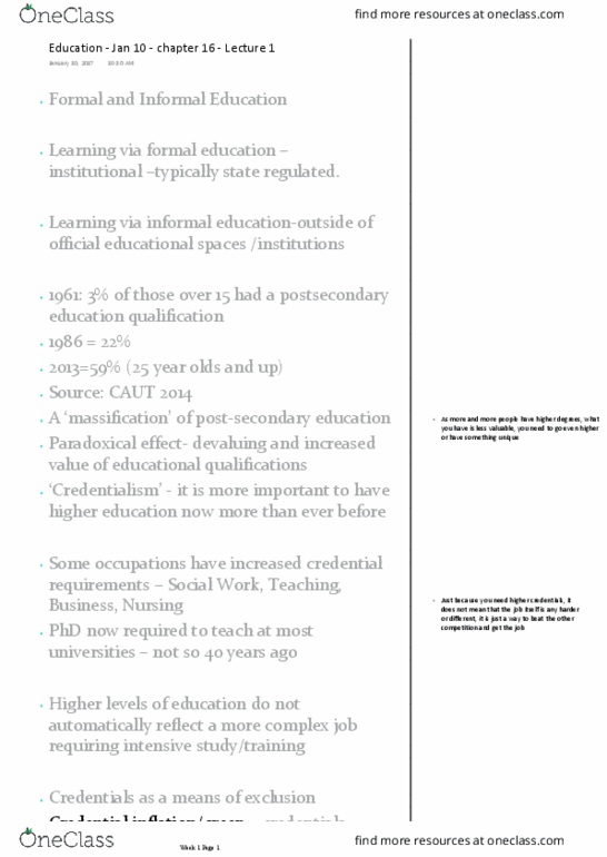 SOCI 1002 Lecture Notes - Lecture 1: Randall Collins, High School Diploma, Credentialism And Educational Inflation thumbnail