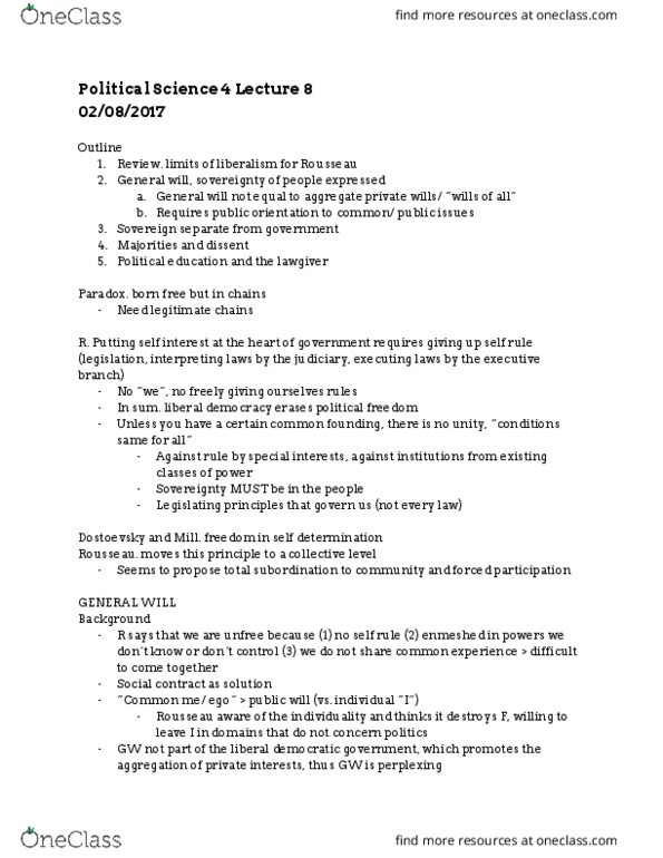 POL SCI 4 Lecture Notes - Lecture 8: Sovereign People, Fyodor Dostoyevsky, Liberal Democracy thumbnail