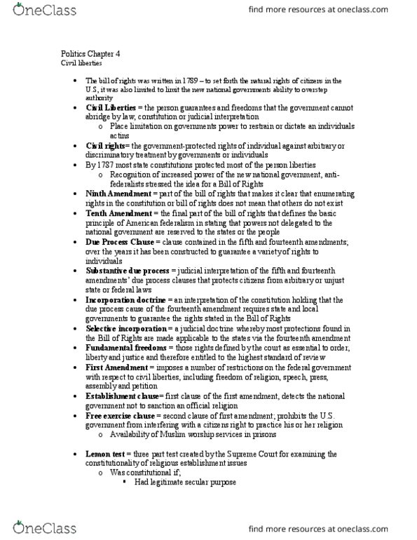 Political Science POLS-Y 103 Chapter Notes - Chapter 4: Fourteenth Amendment To The United States Constitution, Civil Liberties, Incorporation Of The Bill Of Rights thumbnail