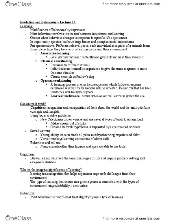 BIO152H5 Lecture Notes - Lecture 17: Monarch Butterfly, Blue Jay, Classical Conditioning thumbnail