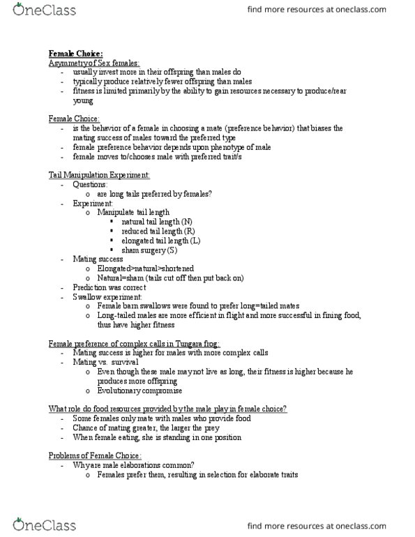 BIO152H5 Lecture Notes - Lecture 18: Parental Investment, Handicap Principle, Guppy thumbnail