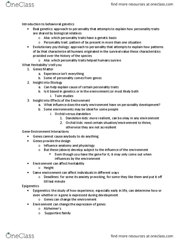 PSY 340 Lecture Notes - Lecture 5: Trait Theory, Twin Study, Evolutionary Psychology thumbnail