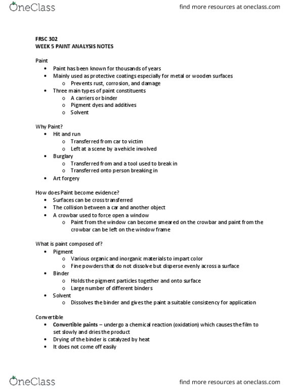 FRSC 302 Lecture 5: FRSC 302 paint analysis notes week 5 thumbnail