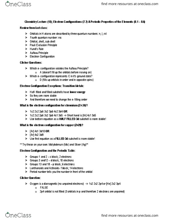 CHEM 1F92 Lecture Notes - Lecture 15: Diamagnetism, Transition Metal, Isoelectronicity thumbnail