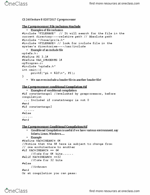 CS 24000 Lecture Notes - Lecture 8: Include Directive, Gnu Compiler Collection thumbnail