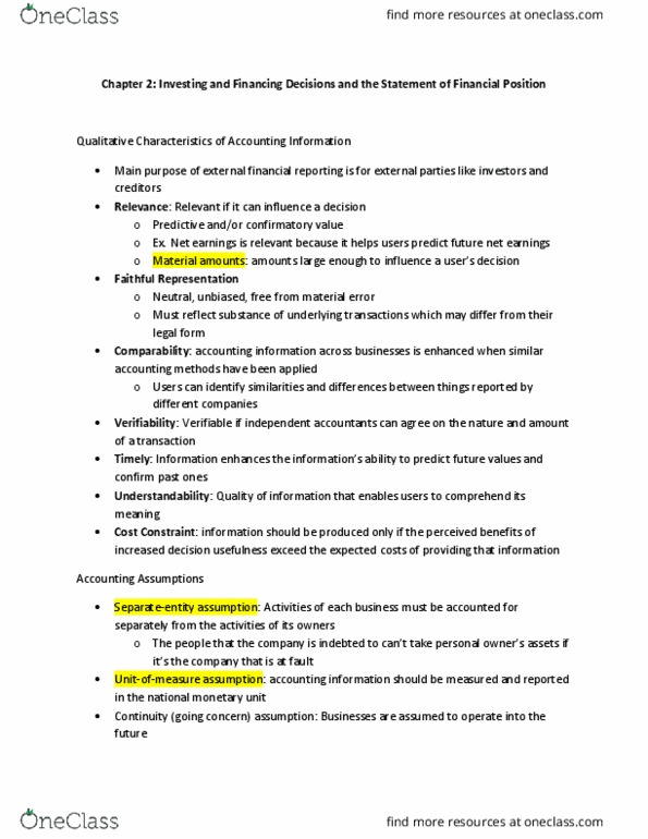 BU127 Chapter Notes - Chapter 2: Current Asset, Historical Cost, Financial Statement thumbnail