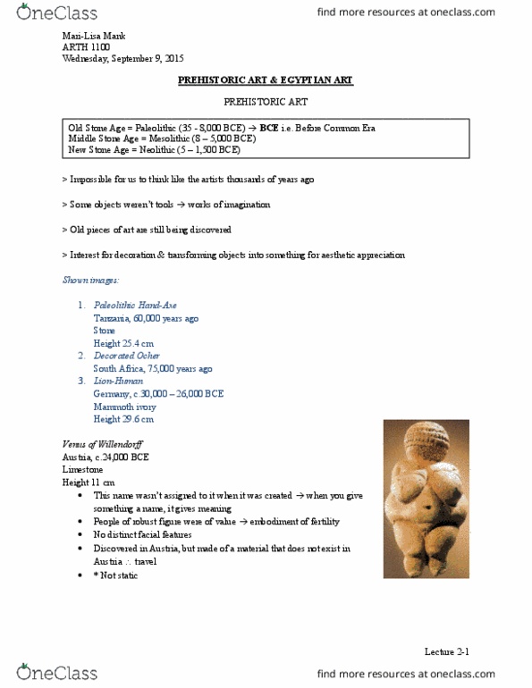 ARTH 1100 Lecture 2: LECTURE 2 - Prehistoric Art & Egyptian Art thumbnail