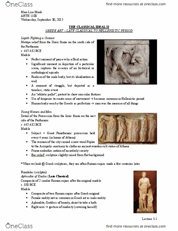 ARTH 1100 Lecture 5: LECTURE 5 - The Classical Ideal II (Greek Art - Late Classical to Hellenistic Period) thumbnail