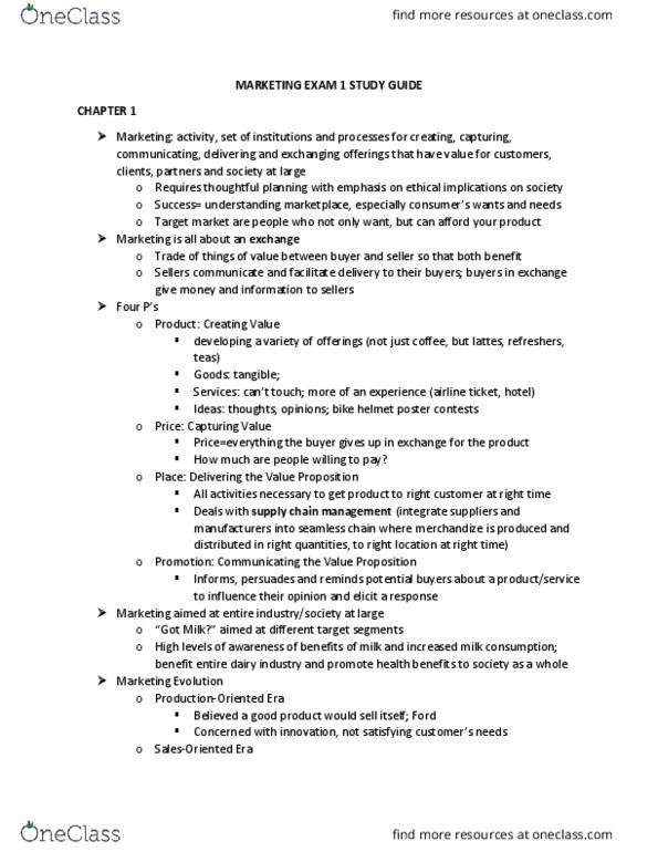 MKT 201 Midterm: Test 1 Study Guide - OneClass