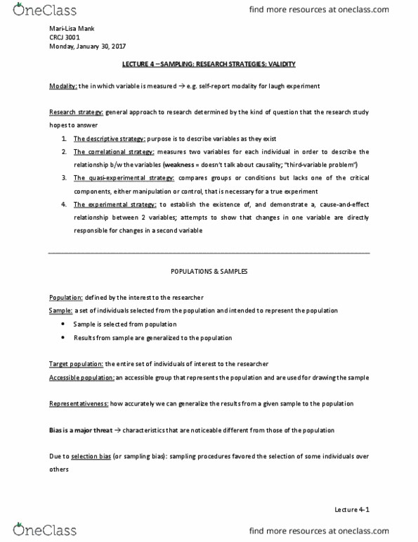 CRCJ 3001 Lecture 4: LECTURE 4 - Sampling; Research Strategies; Validity thumbnail