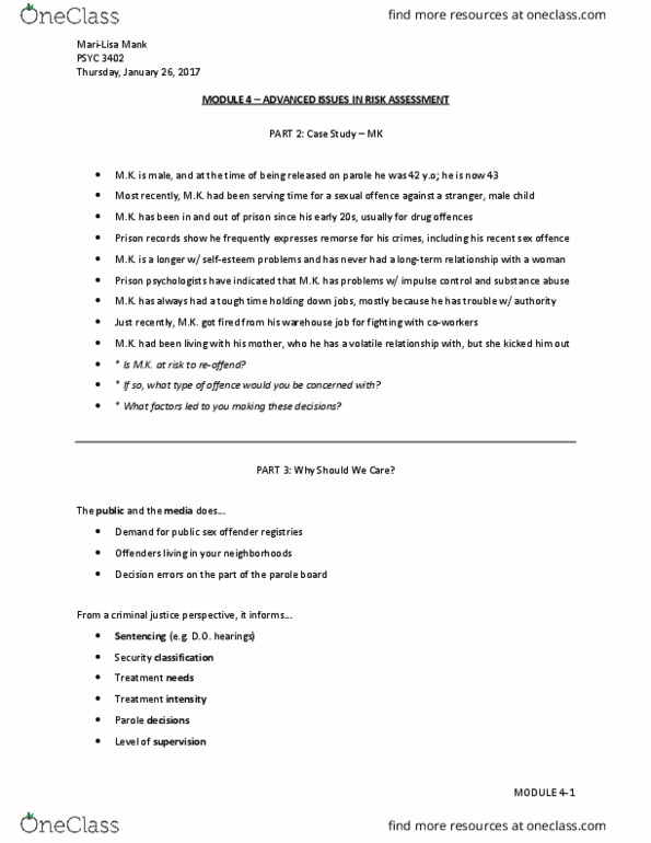 PSYC 3402 Lecture 4: MODULE 4 - Advanced Issues in Risk Assessment ONECLASS thumbnail