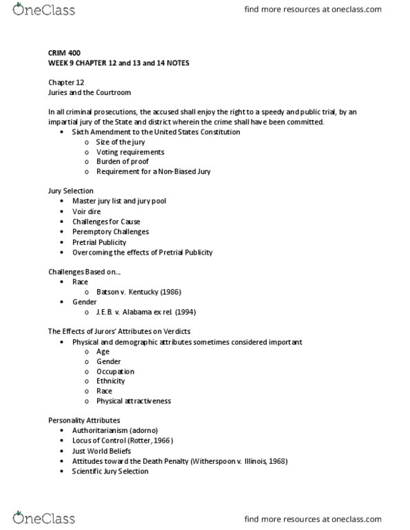 CRIM 400 Lecture Notes - Lecture 9: Factitious Disorder Imposed On Self, Voir Dire, United States Constitution thumbnail