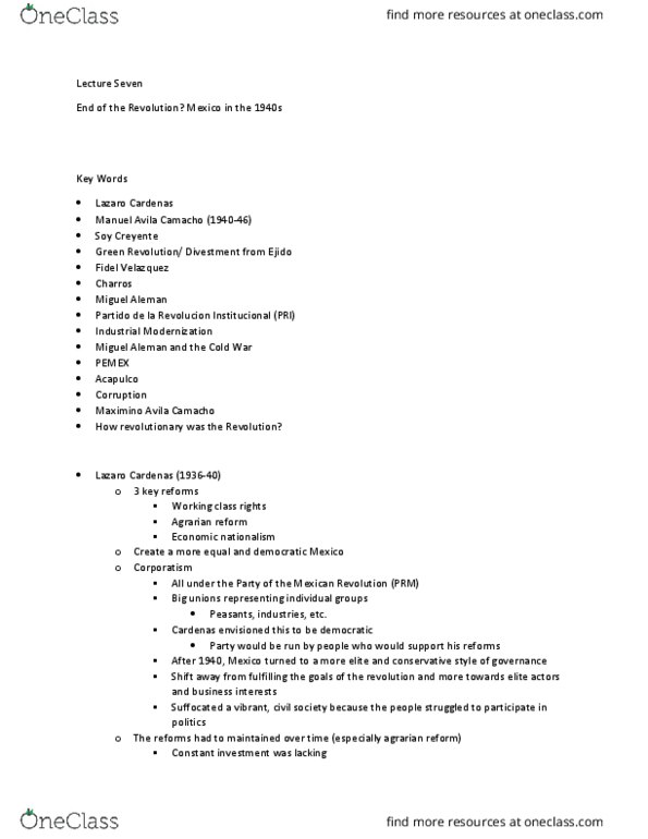 HILA 132 Lecture Notes - Lecture 7: Manuel Ávila Camacho, Agrarian Reform, Crop Rotation thumbnail