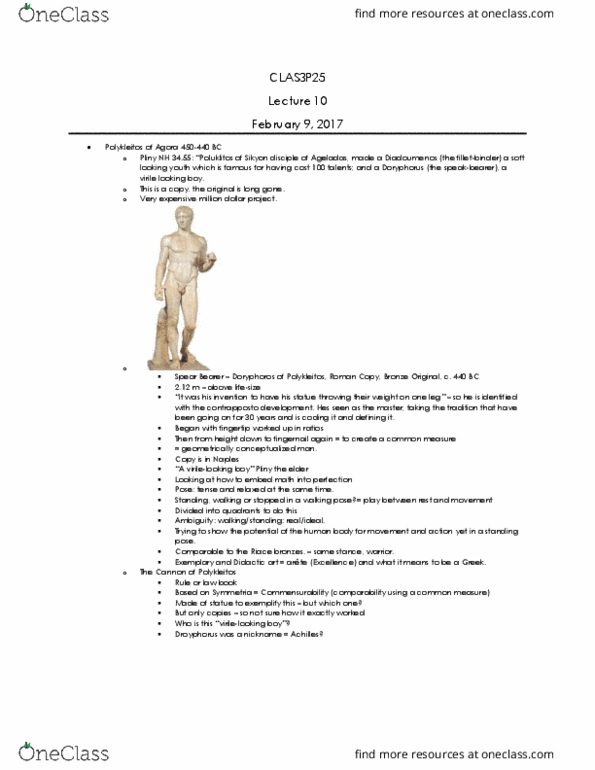 CLAS 3P25 Lecture Notes - Lecture 10: Riace Bronzes, Diadumenos, Polykleitos thumbnail