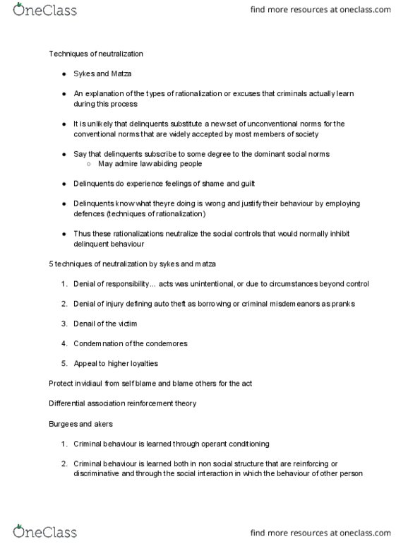 CRIM 104 Chapter Notes - Chapter 9-10: Matzo, Operant Conditioning, Differential Association thumbnail