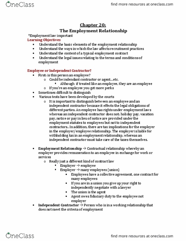 Management and Organizational Studies 2275A/B Lecture Notes - Lecture 8: Independent Contractor, Fiduciary, Employment Contract thumbnail