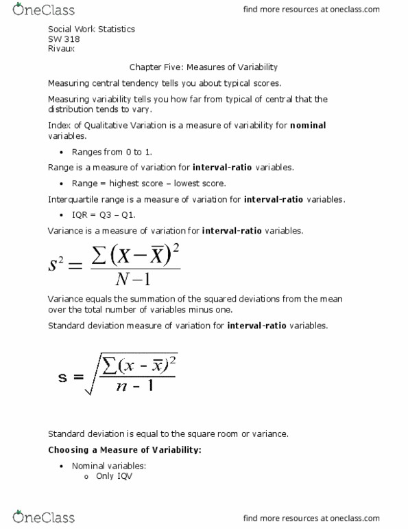 S W 318 Chapter Notes - Chapter 5: Interquartile Range, Squared Deviations From The Mean, Standard Deviation thumbnail