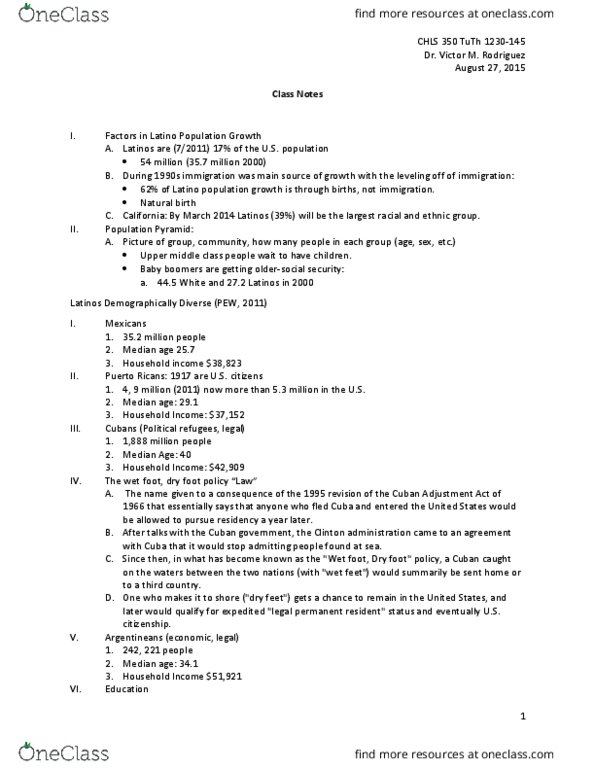 CHLS 350 Lecture Notes - Lecture 1: Wet Feet, Dry Feet Policy, Cuban Adjustment Act, Upper Middle Class thumbnail