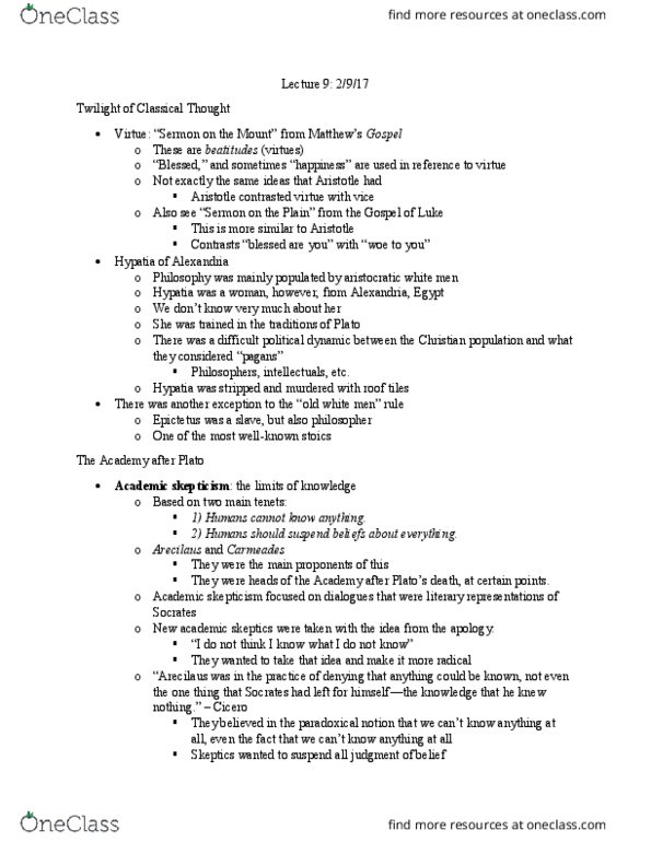 PHI 205 Lecture Notes - Lecture 9: Academic Skepticism, Beatitudes, Stoicism thumbnail