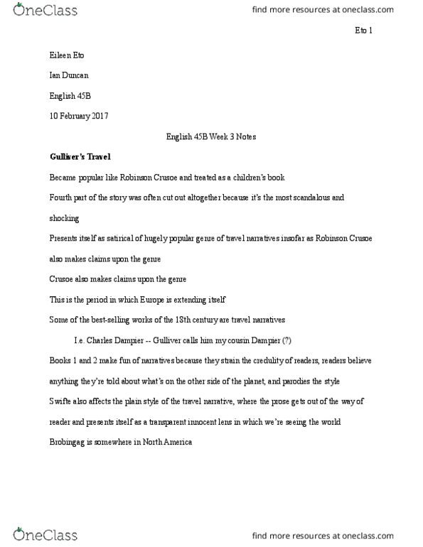 ENGLISH 45B Lecture Notes - Lecture 3: Travel Literature, Fictional Country, Oroonoko thumbnail