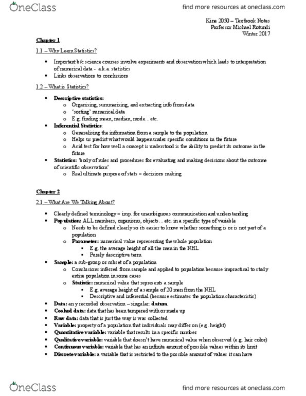 KINE 2050 Chapter Notes - Chapter 1-2: Operational Definition, Descriptive Statistics thumbnail