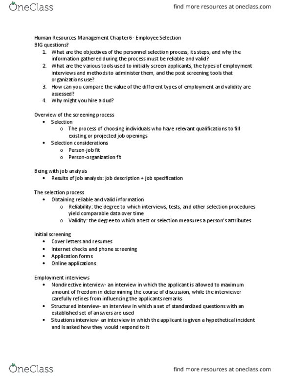 HRM 2600 Lecture Notes - Lecture 6: Personnel Selection, Ath, Structured Interview thumbnail