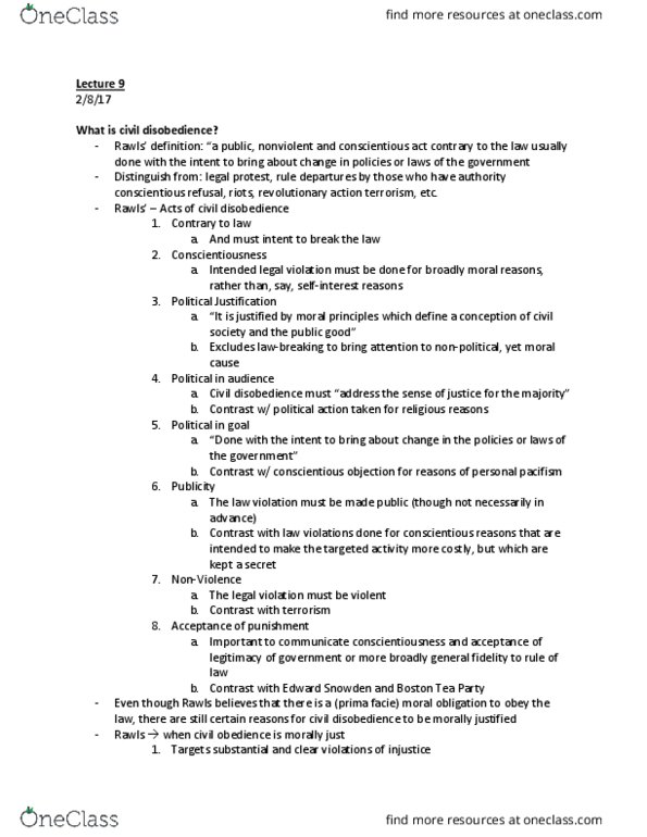 PHIL 2220 Lecture Notes - Lecture 9: Conscientiousness, Edward Snowden, Conscientious Objector thumbnail