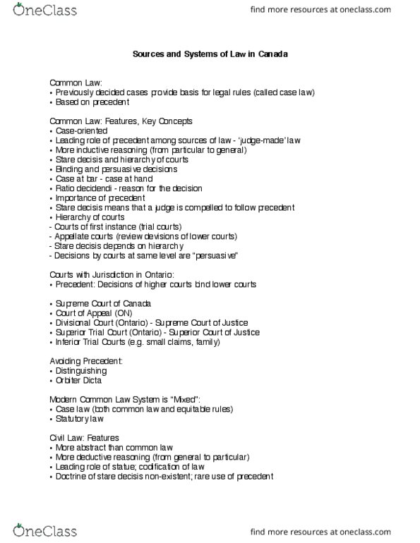 SSCI 1010U Lecture Notes - Lecture 2: Statutory Law, Ratio Decidendi, Judiciary Of Australia thumbnail