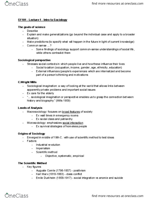 SY101 Lecture Notes - Lecture 1: Class Conflict, Verstehen, Anomie thumbnail