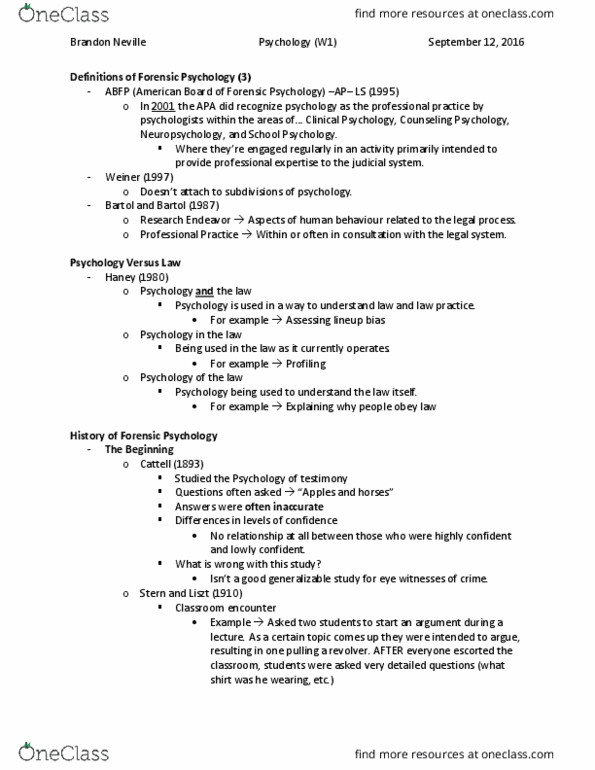 PSYC 2400 Lecture 10: Forensic Psychology W1 Notes thumbnail