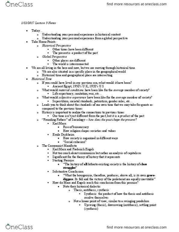 SOC 100 Lecture Notes - Lecture 3: Thesis, Antithesis, Synthesis, Group Cohesiveness, Bourgeoisie thumbnail