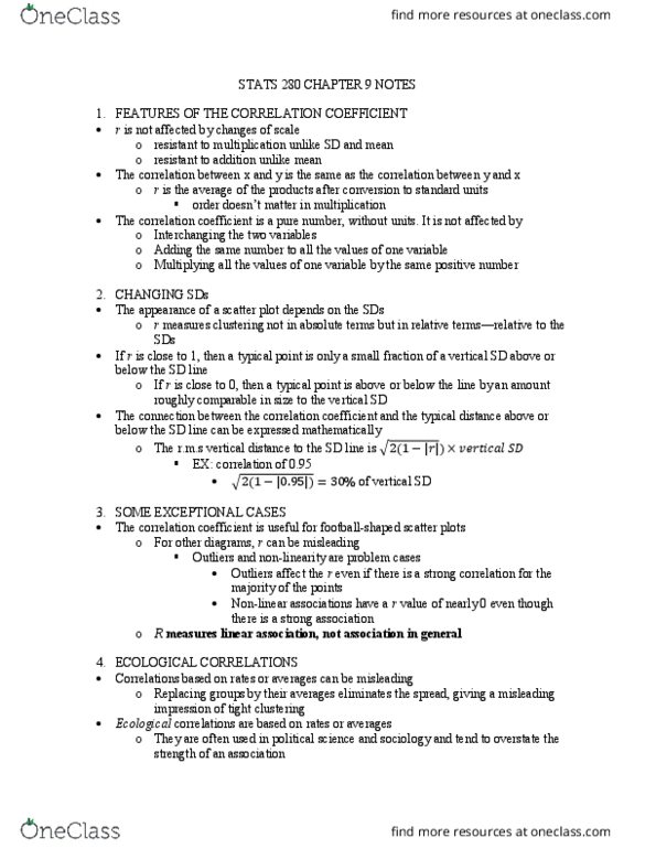 STATS 250 Chapter 9: STATS 280 CHAPTER 9 NOTES thumbnail