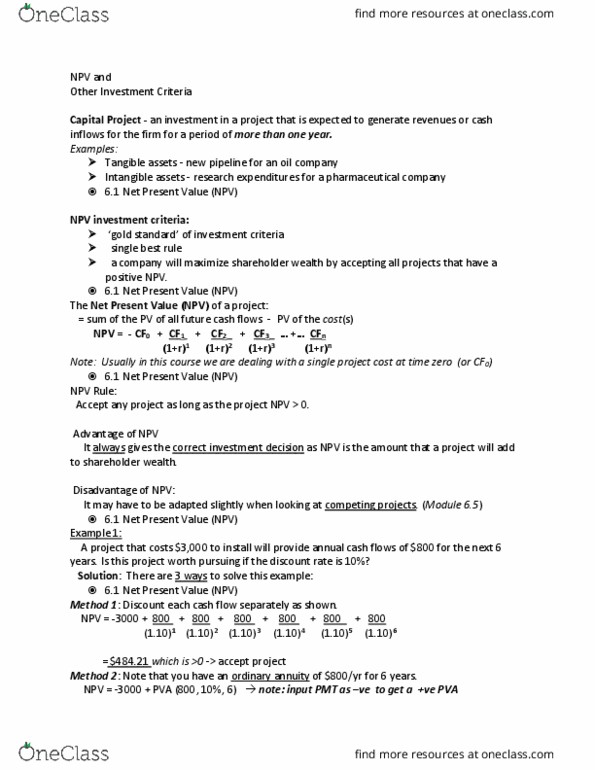 ADMS 3530 Lecture Notes - Lecture 6: Gie, Discounted Cash Flow, Net Present Value thumbnail