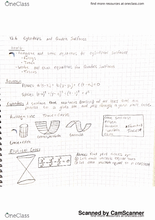 MTH 230 Lecture 5: 12.6 Cylinders and Quadratic Surfaces thumbnail