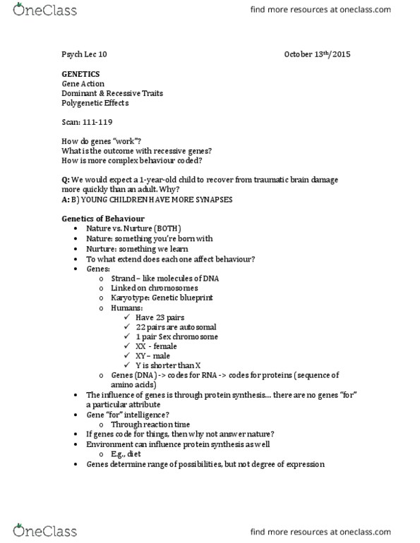 Psychology 1000 Lecture Notes - Lecture 10: Heritability, Sickle-Cell Disease, Far-Sightedness thumbnail