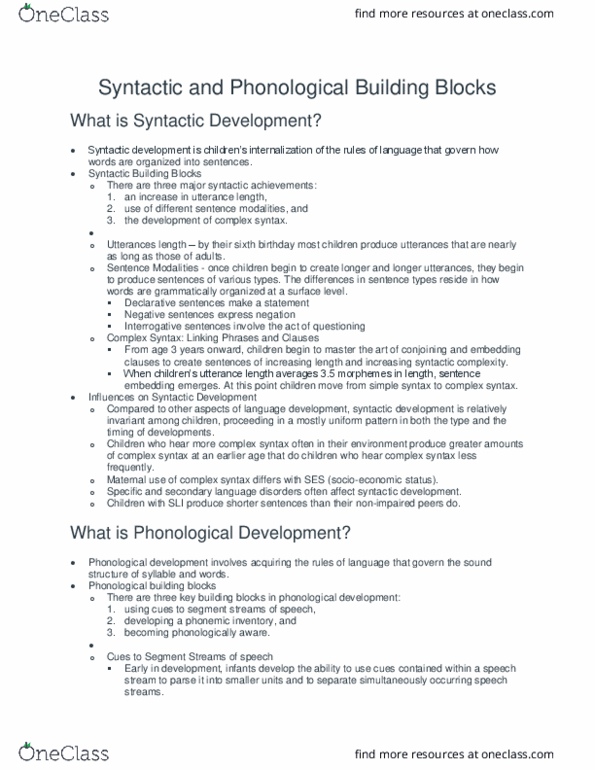 LIN 3713 Lecture Notes - Lecture 5: Phonological Development, Speech Disorder, Phonological Awareness thumbnail
