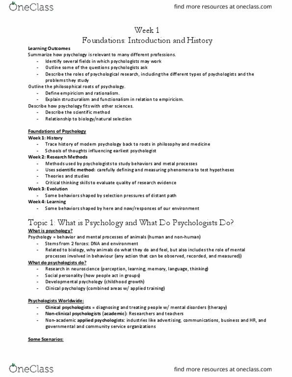 PSYC 100 Lecture Notes - Lecture 1: Wilhelm Wundt, Clinical Psychology, Psychophysics thumbnail