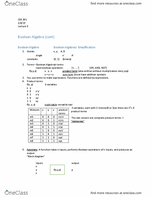 CSE 241 Lecture Notes - Lecture 5: Logic Gate, Algebraic Expression thumbnail