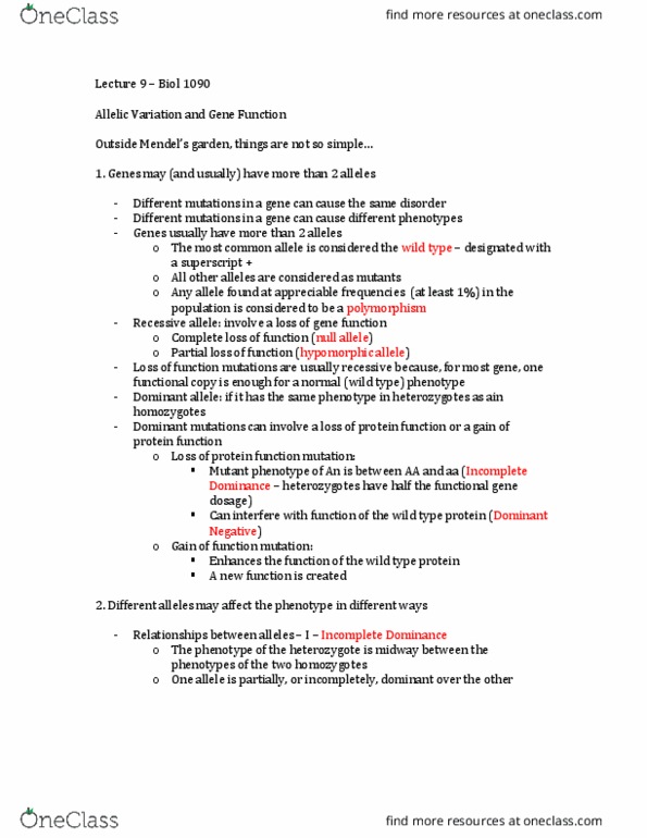 BIOL 1090 Lecture Notes - Lecture 9: Phenylketonuria, Polydactyly, Missense Mutation thumbnail