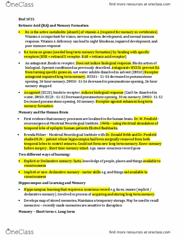 BIOL 1F25 Lecture Notes - Lecture 4: Long-Term Potentiation, Mcgill University Health Centre, Retinoic Acid Receptor thumbnail