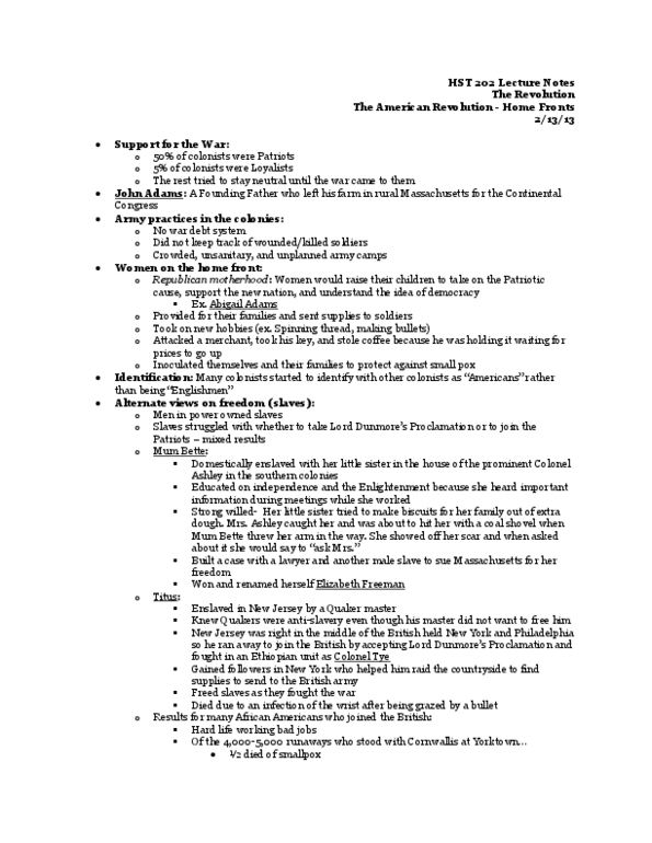 HST 202 Lecture Notes - Lecture 10: Colonel Tye, Abigail Adams, Republican Motherhood thumbnail