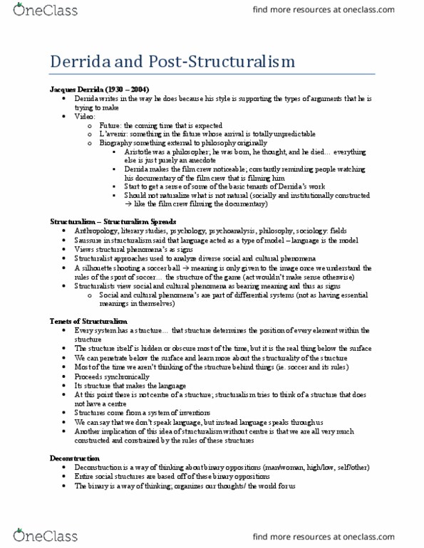 Media, Information and Technoculture 2200F/G Lecture 2: Derrida and Post-Structuralism thumbnail