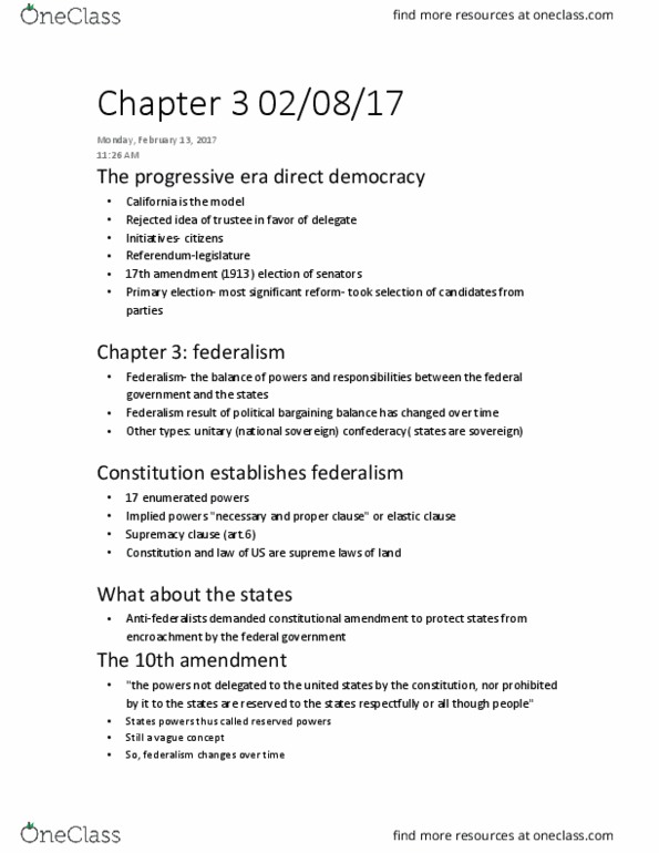POLS 155 Chapter Notes - Chapter 3: Concurrent Powers, Dual Federalism, Commerce Clause thumbnail