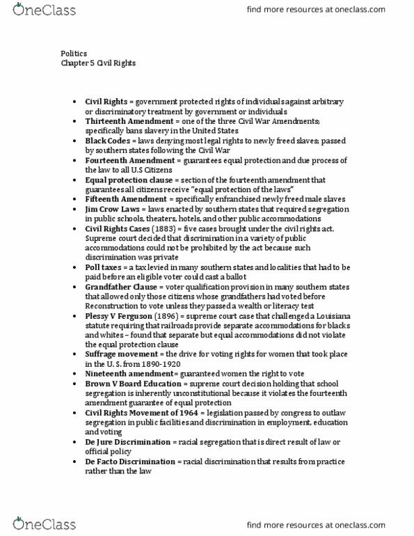 Political Science POLS-Y 103 Chapter Notes - Chapter 5: Nineteenth Amendment To The United States Constitution, Literacy Test, Plessy V. Ferguson thumbnail