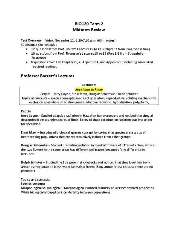 BIO120H1 Lecture 9: Key Terms - Lecture 9 - 12 thumbnail