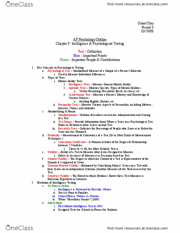 PSYC 1010 Lecture 9: Ch.9 Outline Intelligence_Testing thumbnail