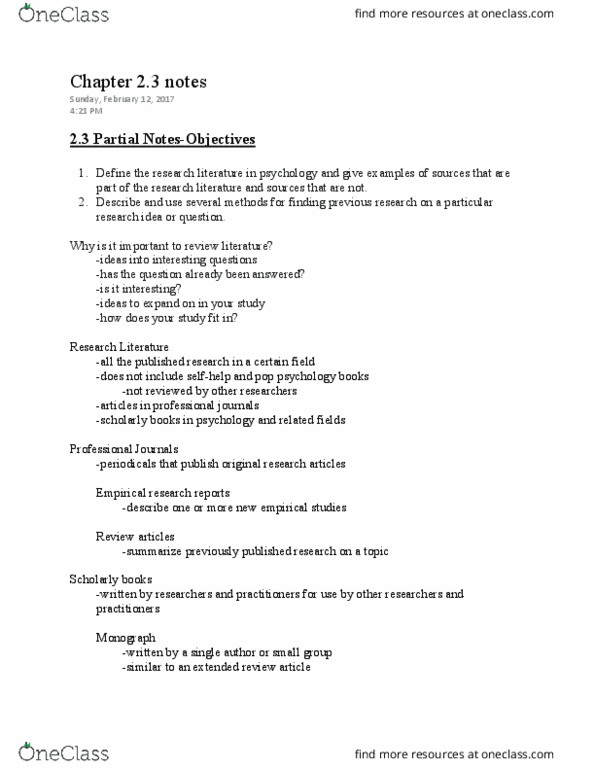 PSY 250 Chapter Notes - Chapter 2.3: Google Scholar, Psycinfo thumbnail