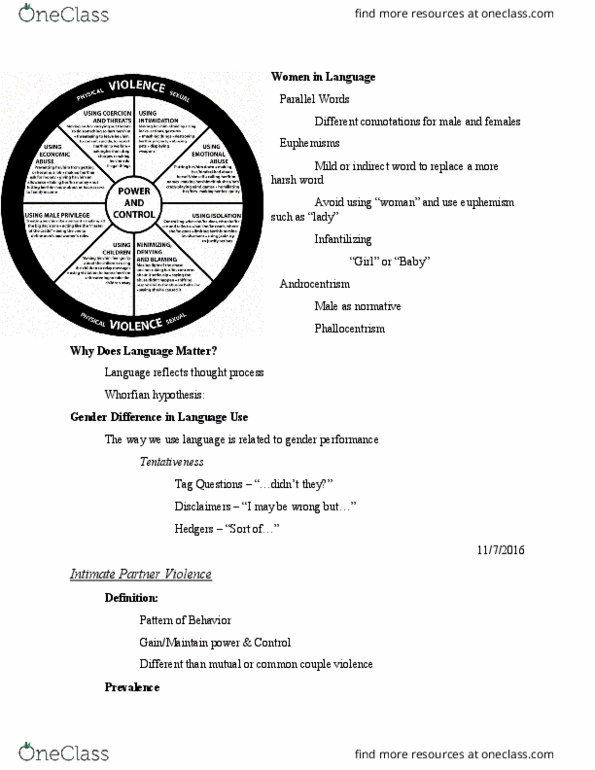 PSYC 336 Lecture Notes - Lecture 23: Posttraumatic Stress Disorder, Intimate Partner Violence, Male Privilege thumbnail