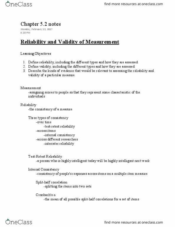 PSY 250 Chapter Notes - Chapter 5.2: Discriminant, Content Validity, Face Validity thumbnail